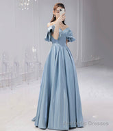 Blue satin long prom dress A line evening dress